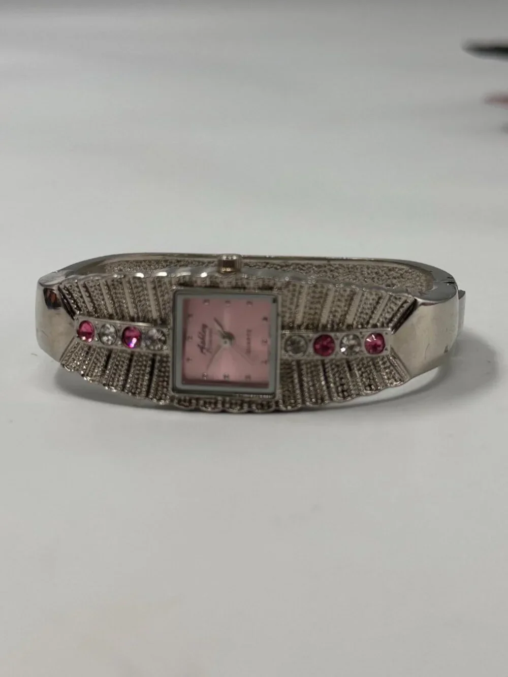Ashley Princess Watch Women Silver Tone Pink Square Dial Rhinestones Working